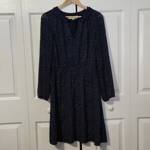 Loft Women's Navy Blue & White Polka-dot Knee Length Dress Size 6 Sheer Sleeves